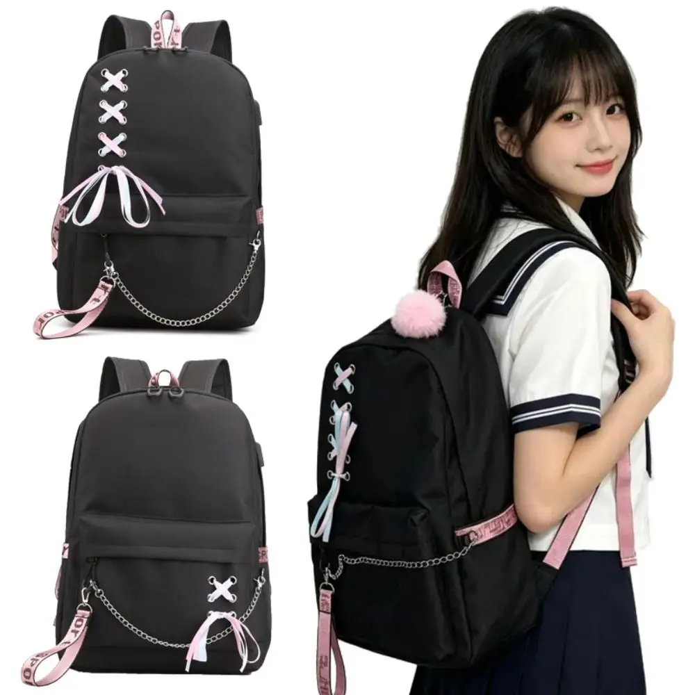 Large Capacity School Backpack Black Chain Decoration Laptop Backpack Oxford Cloth Reduces Load Student Backpack For Laptop