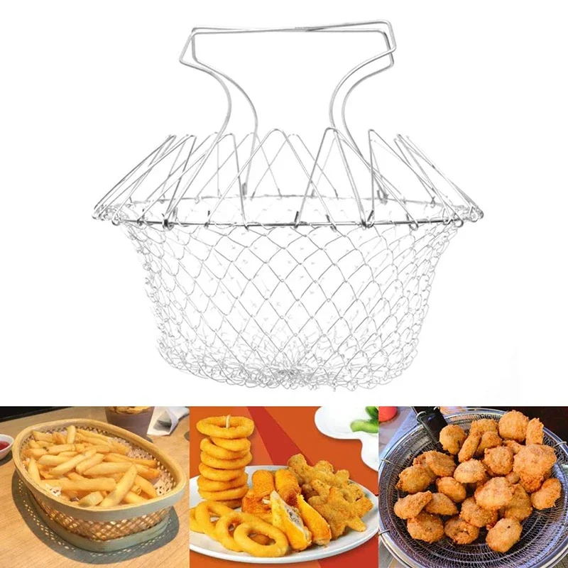 Foldable Stainless Steel Deep Fry Basket Steam Rinse Strain Fry Basket Strainer Net Kitchen Utensil Gadget Telescopic Fry Basket