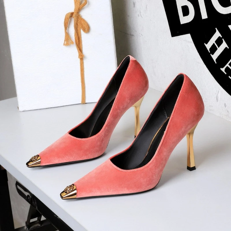 Womens Pumps And Heels Elegant Faux Fur Pointed Toe Slip On Stiletto Metal Toe Soft Party High Heels Woman Shoes