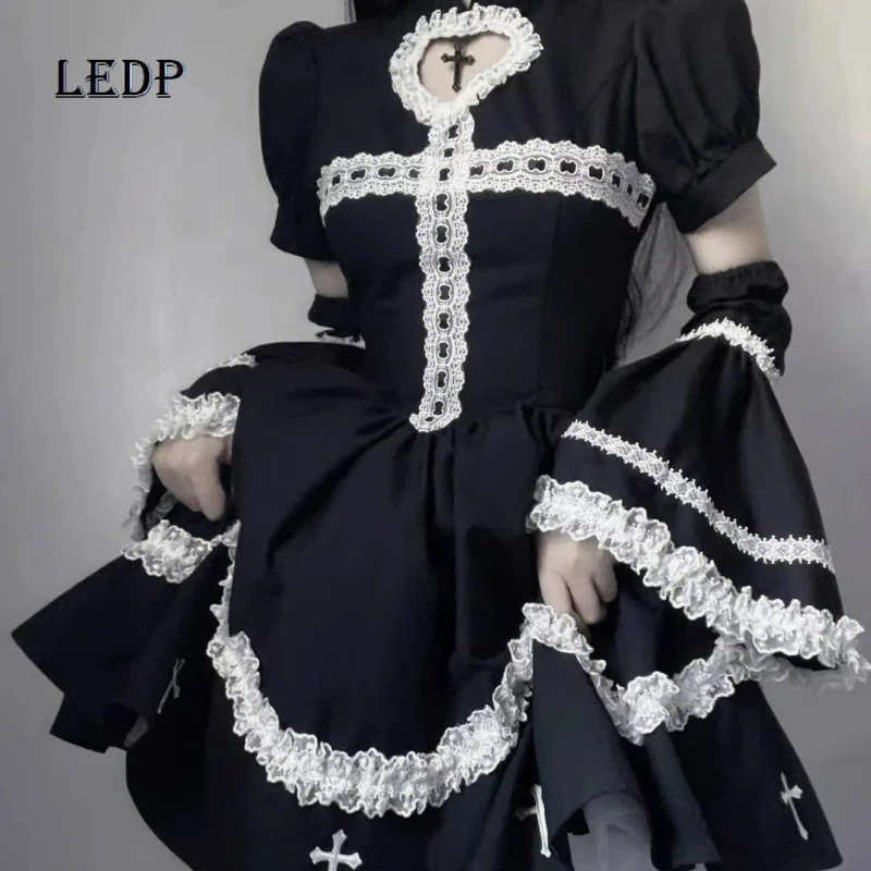 

Goth Dark Design Sweet Spicy Contrasting Color Women's Dress Autumn New Subculture Lolita Halloween Fluffy Black Dresses Ladies