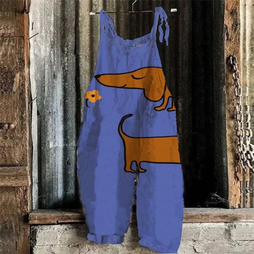 Summer 2025 women's fashion jumpsuit, 3D cute puppy print fashionable, comfortable and loose jumpsuit, adjustable shoulder strap