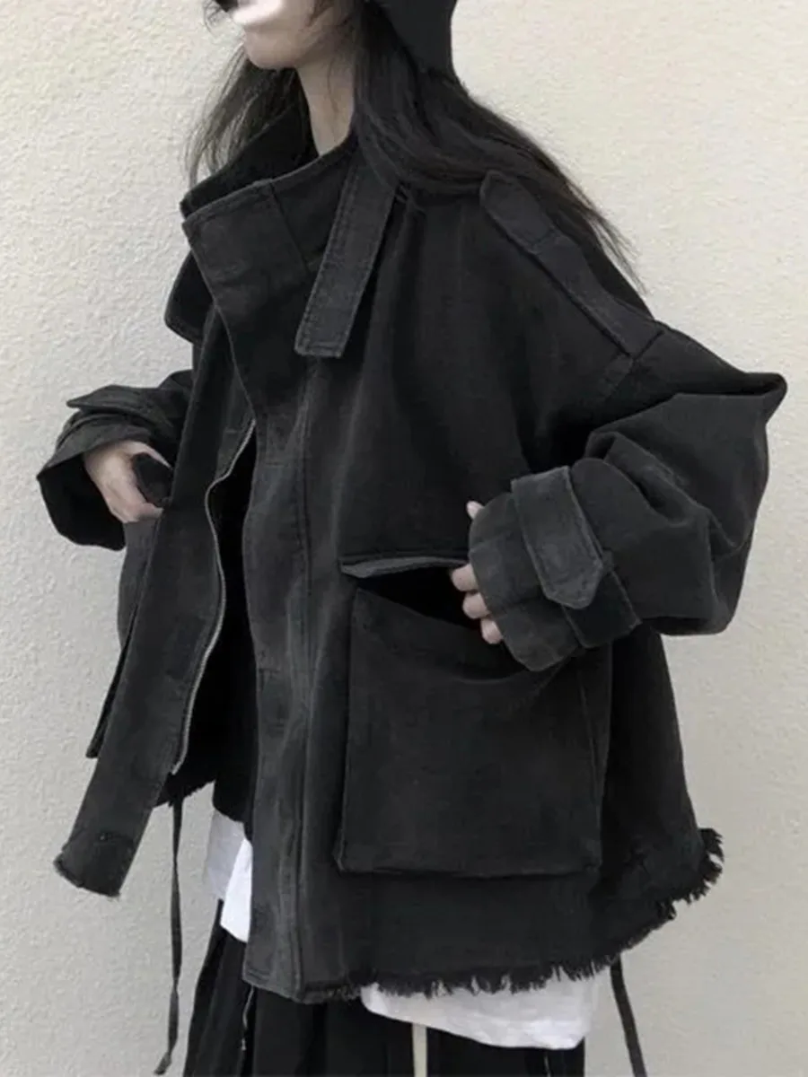 Retro Women Denim Jacket Fashion Stand Collar Big Pocket Loose Jean Coats Autumn Female All Match Streetwear Outerwear New