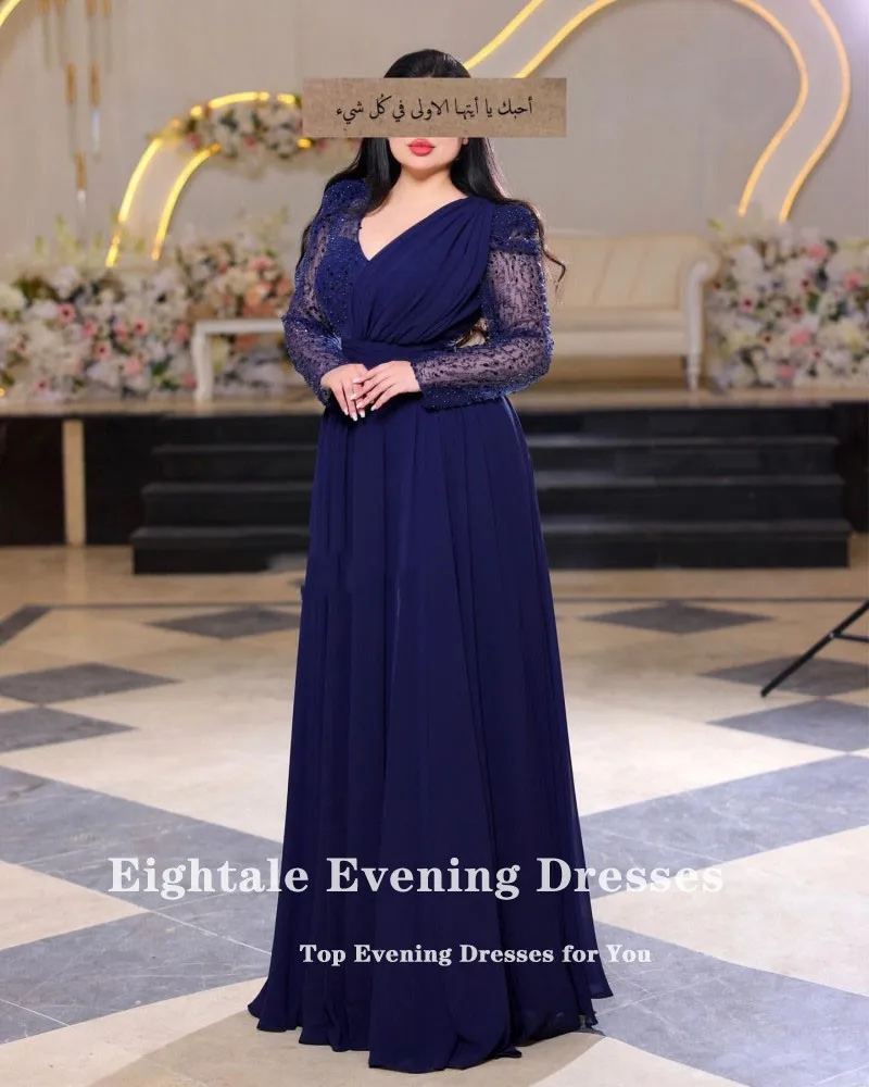 Eightale Arabic Wedding Evening Dress V-Neck Sequin Chiffon Prom Party Gowns Long Sleeves Customized Side Slit Robes de soirée