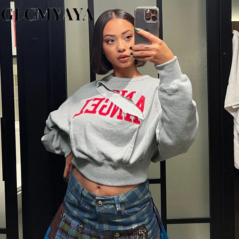 GLCMYAYA Women Fashion Hollow Out Letter Print O-Neck LOOSE Hoodies 2023 INS Casual Long Sleeve Sexy Sweatshirts Autumn/Winter