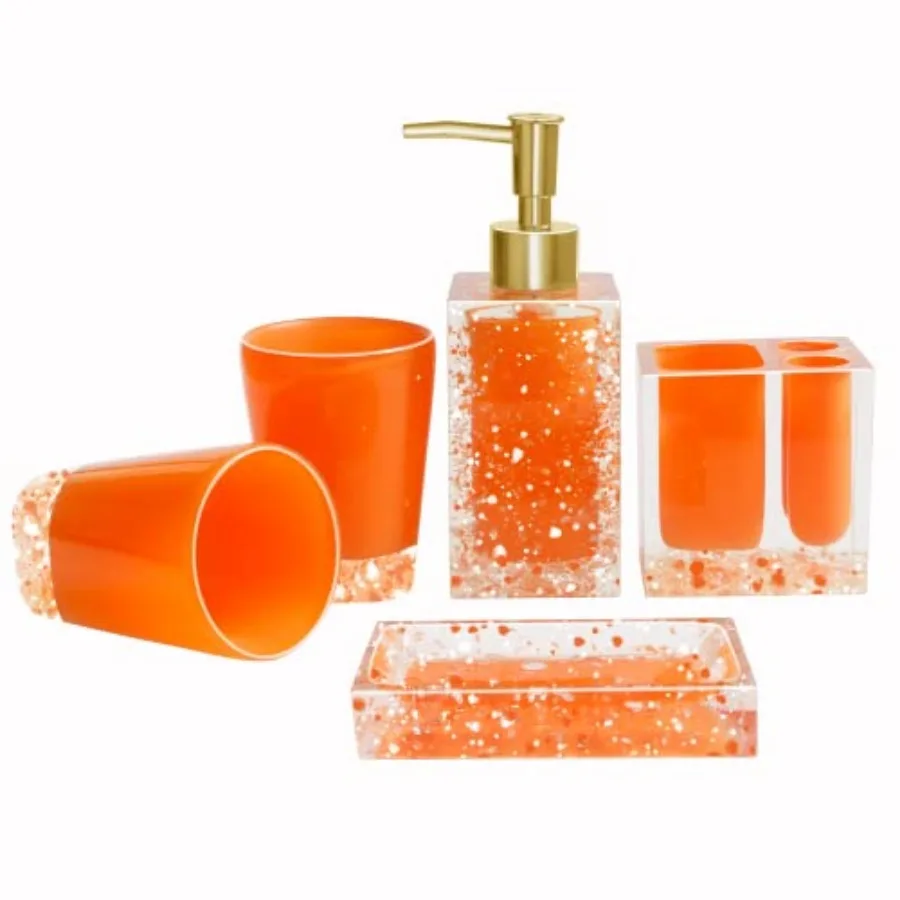 

5-Piece Resin Bathroom Accessory Set with Soap Dish, Dispenser, Toothbrush Holder and Tumbler, Orange