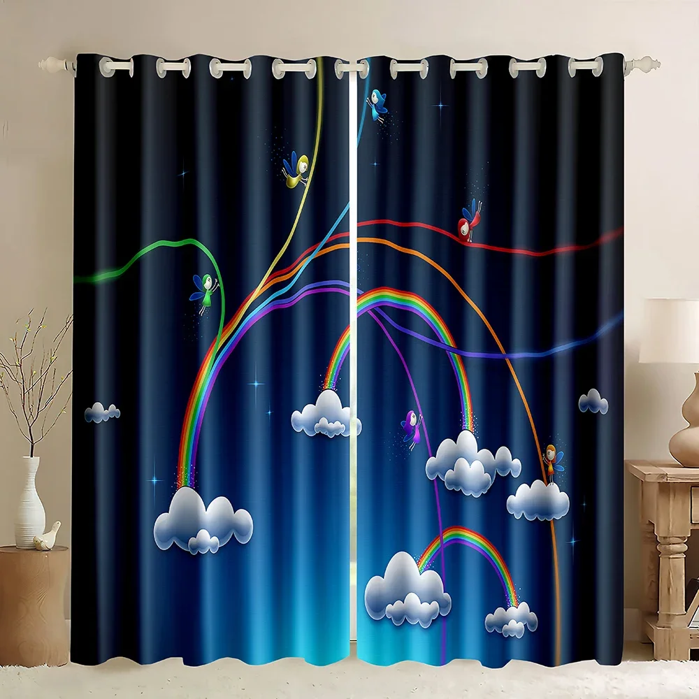 

Abstract Rainbow Window Curtains,Elf Weaving Rainbow Colorful Art Stars Printed Fairy Tale Window Drapes Blackout Curtain