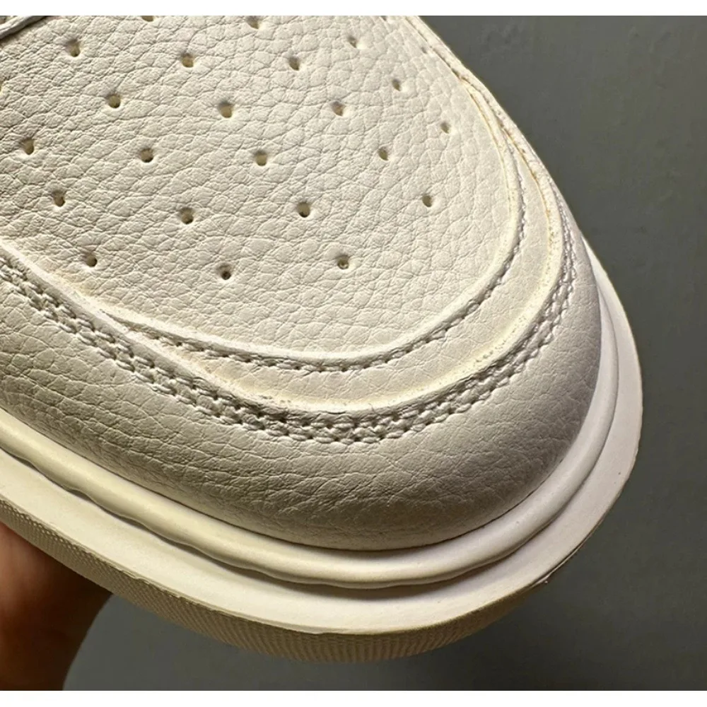 Men's White Leather Casual Sneakers, Lace‑up Thick Platform Sole, Breathable Upper, Daily Walking Skate Shoes