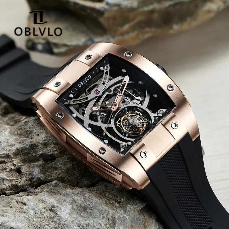 OBLVLO Luxury Rose Gold Flying Tourbillon Men Watch Automatic Self-Wind  Mechanical Watches Sapphire Mirror Waterproor Watch