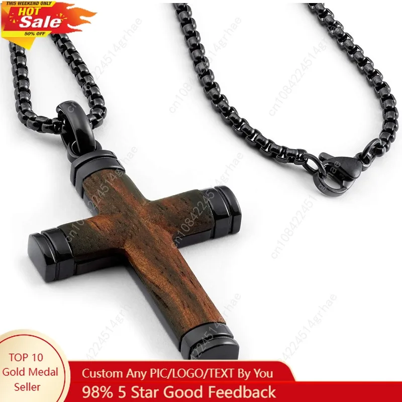 

Металлическая подвеска-крест Masters Co. Черный из нержавеющей стали, ожерелье из настоящего дерева Santos, 24-дюймовая круглая цепочка в коробке