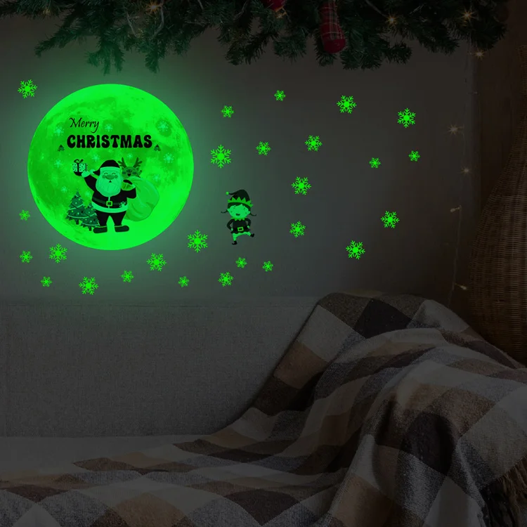 Weihnachtsmond-Schneeflocken-Leuchtwandaufkleber für Kinderzimmer, Schlafzimmer, Heimdekoration, Aufkleber, die im Dunkeln leuchten, Neujahrstapete – Detail 5