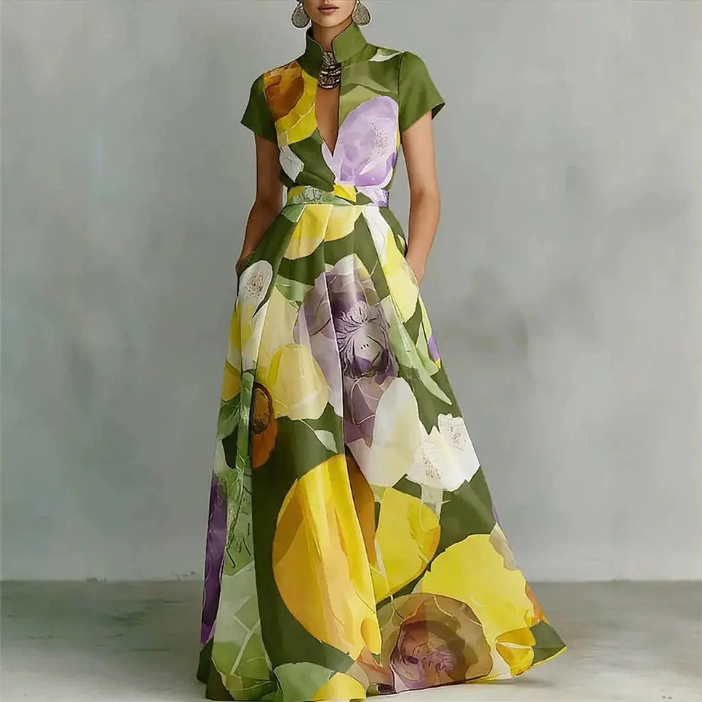 

Women Watercolor Floral Print Maxi Dress Stand Collar Short Sleeve High Waist A Line Wedding Guest Evening Party Long Vestidos