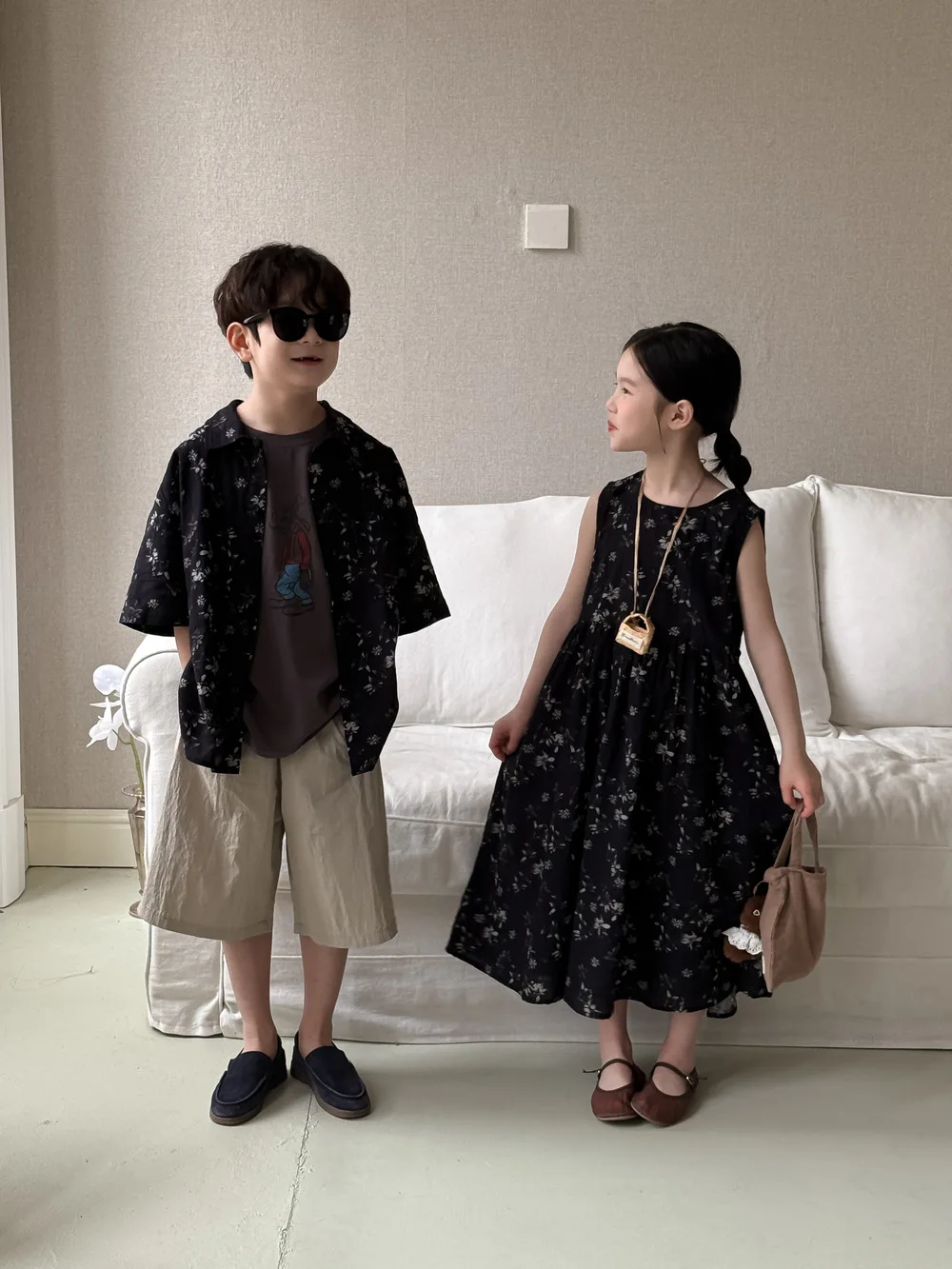 2025 Summer New Children Loose Casual Lapel Shirts Fashion Boys Short Sleeve Shirts Girls Vest Dress Brother And Sister Clothes