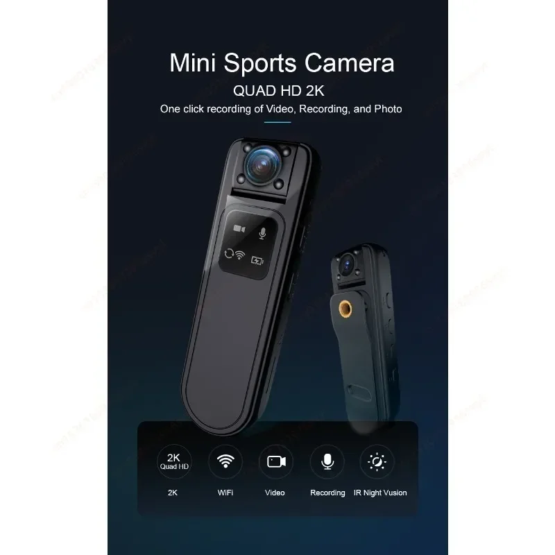 كاميرا صغيرة واي فاي 2K HD IR للرؤية الليلية مسجل فيديو الشرطة 180 °   عدسة قابلة للدوران، مشبك خلفي محمول، كاميرات فيديو IP رياضية خارجية
