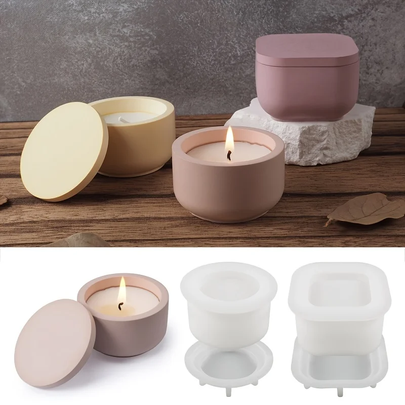 1 ensemble de moules en silicone pour pots à bougies DIY avec couvercle - Moule pour la fabrication de pots à cire aromatique pour résine, béton, plâtre - Moule pour artisanat domestique