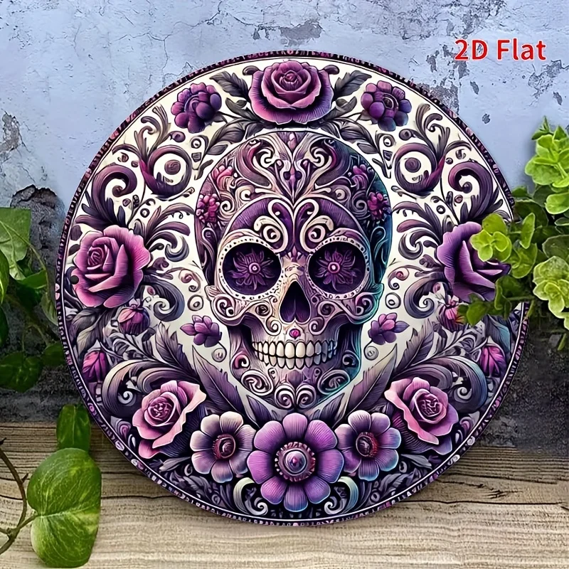 Vintage Purple Sugar Skull Floral Round Tin Sign, Retro 3D Effect Day of the Dead Sugar Skull with Purple Roses Flowers Metal Wa