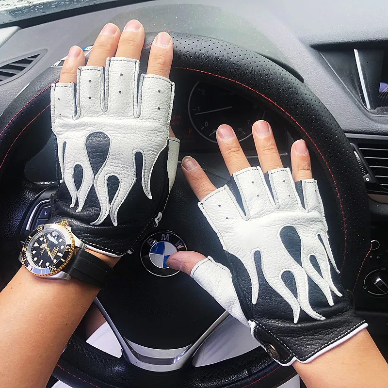 Men\'s Deerskin Gloves 2023 Spring NEW Locomotive Cycling Retro Thin Mittens Male Half Finger Color Blocking Flame Leather Luvas