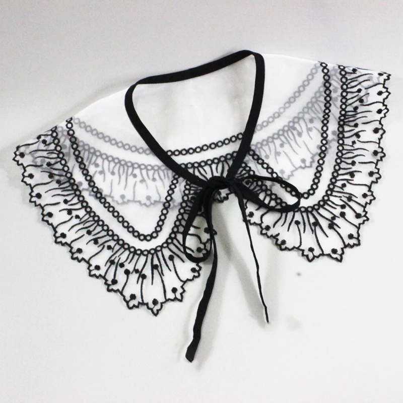 Elegant Hollow Black Embroidered Shawl Decorative Fake Collar Bow Tie Doll Collar Detachable Blouse Dress Shawl Top False Collar