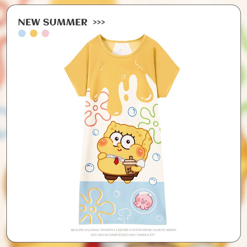 SpongeBob Patrick Star Sleepwear Women Cartoon Sweet Nightdress Short Sleeve Casual Loose Nightgown Student Summer Loungewear