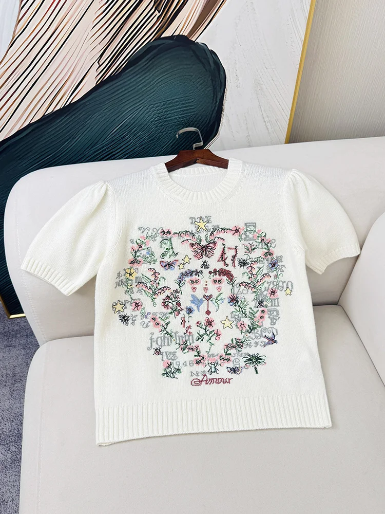 

2026 Early Spring New Arrival – Heavy-Detail Embroidered Round-Neck Short-Sleeve Knit Top, Elegant & Premium Look