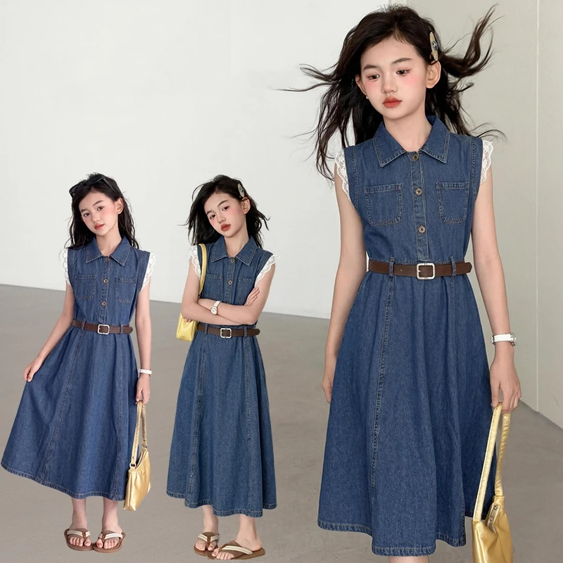 Streetwear Girls Sleeveless Long Denim Dress with Belt for Children Casual Summer Clothes Kids Retro Blue Patchwork Lace Dresses