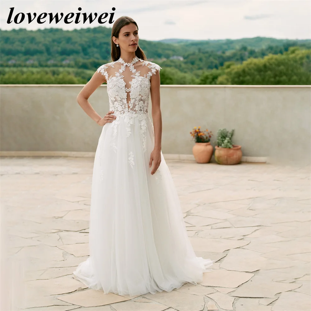 Vestidos de casamento de pescoço alto para a noiva tamanho feito sob encomenda vestido de casamento apliques rendas vestido de noiva praia marfim branco robe de mariée