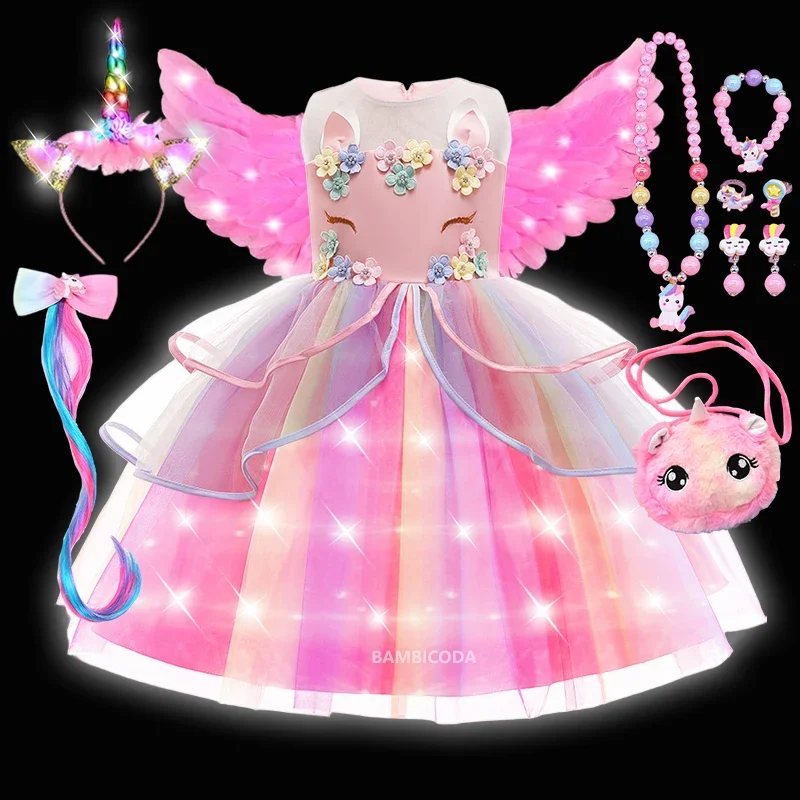 RT01 Girls Kids Unicorn Costume Birthday Party Gift LED Lights Sequin Rainbow Tutu Dress Halloween Shiny Princess Cosplay Co&Gf1
