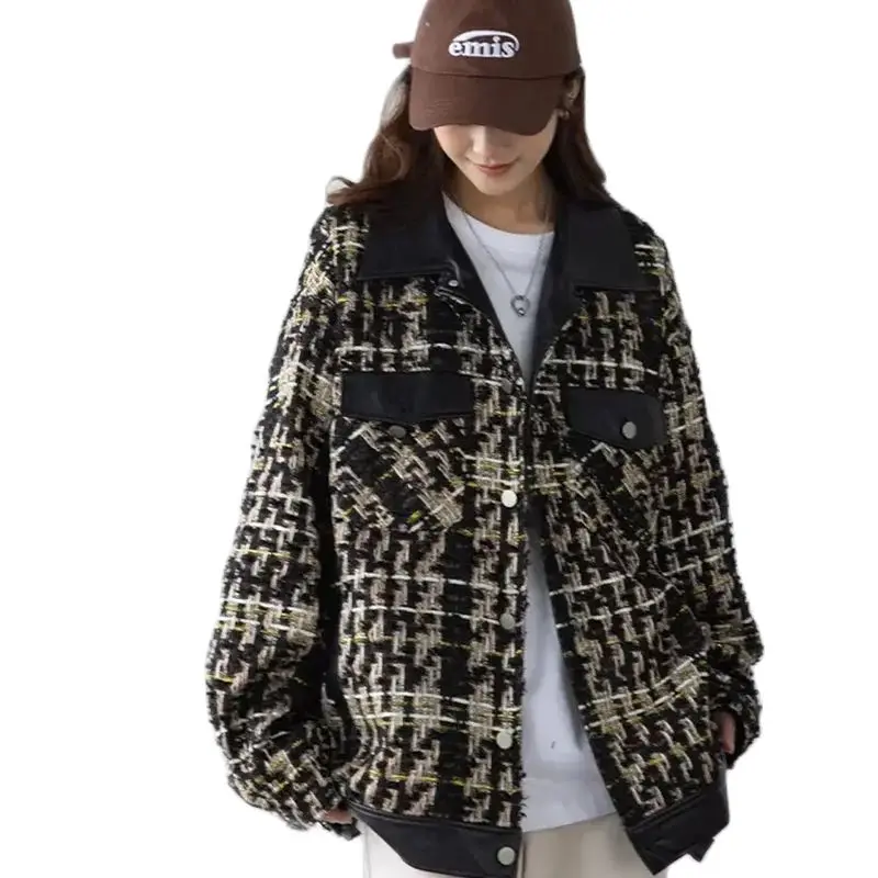 Xiaoxiangfeng Coat Women 2023 Autumn/Winter New Loose Fit Small High Grade Retro Thousand Bird Checker Spliced PU Leather Jacket