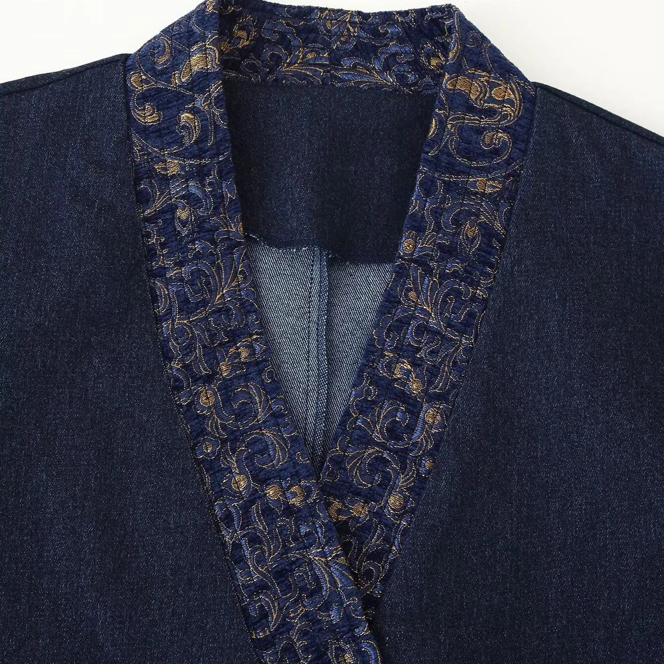 European And American Style Women's Cardigan Outerwear New Floral Embroidery Denim Effect Kimono Style Coat Jacket