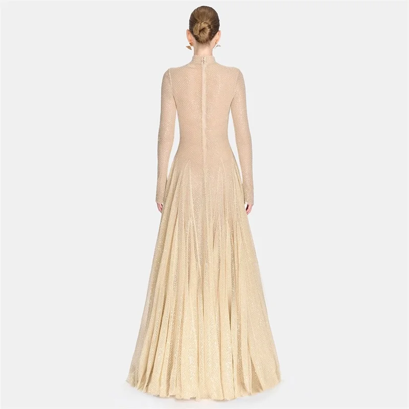 Shiny Sequins Tulle Prom Dress High Neck Full Sleeves Pleated A Line Party Gown Autumn Formal Wedding Birthday Evening Robe
