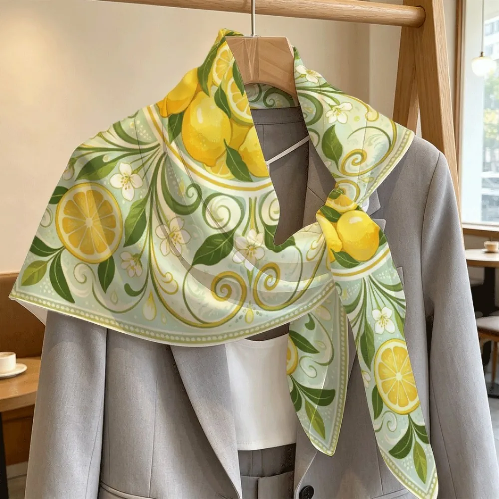 Fresh lemon bowl leaf flower Women Lightweight Square Scarf, Portable Multi-scene Wear Exquisite Gift