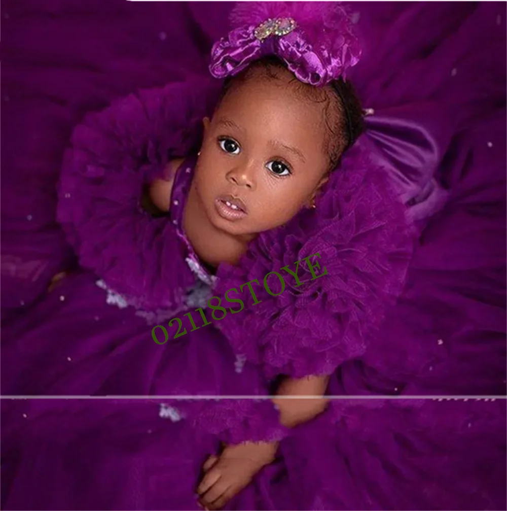 PurpleTulle vestido hasta la rodilla para niña, vestidos de princesa para niña de flores, vestido lindo para niña, vestidos de fiesta de cumpleaños