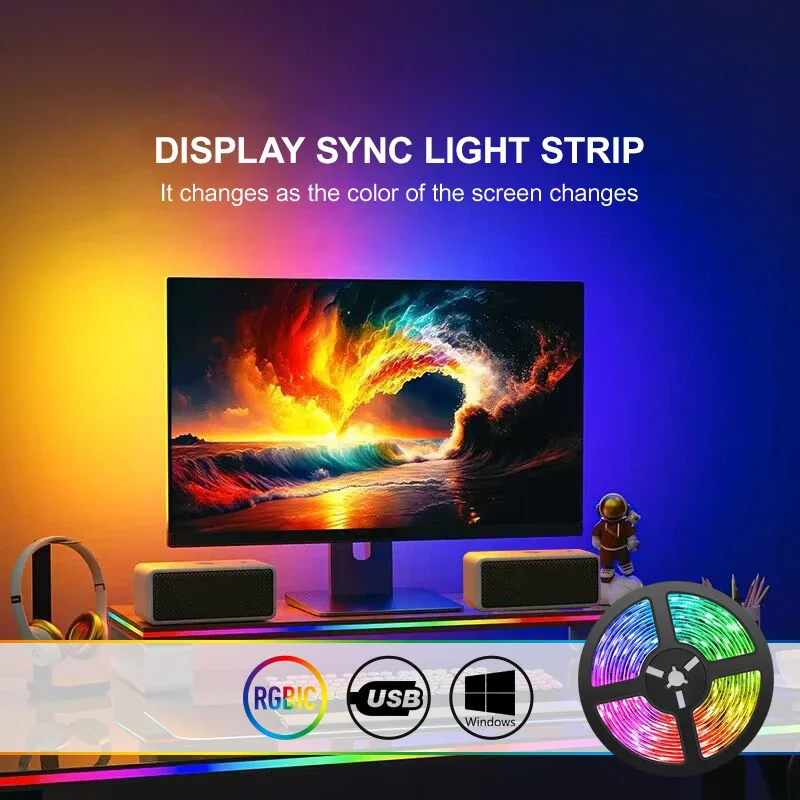 PC Background Light Strip Immersive USB RGBIC LED Strips Computer Monitor Screen Color Sync Smart Software Control Ambient Lamps