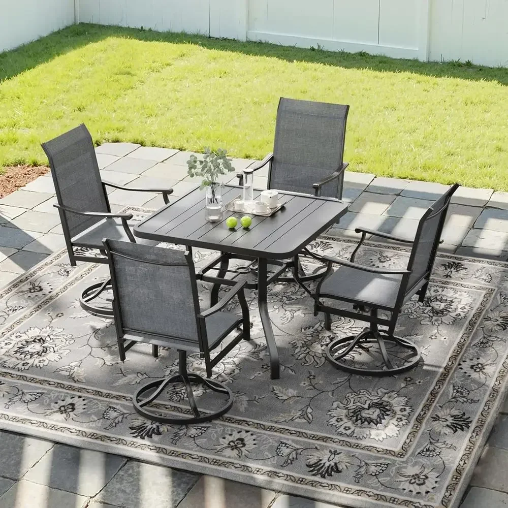 4-Piece Outdoor Dining Set with Swivel Chairs and Textilene Fabric, 35 Square Table with Umbrella Hole