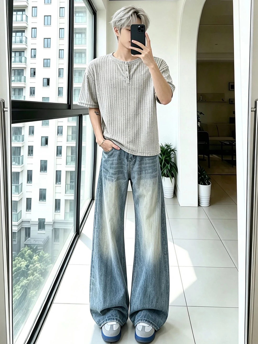 

Blue Bamboo Knot Pattern Men's Summer High Street Straight Leg Wide Leg Micro Flare Jeans Knife Denim Pants Casual Wear