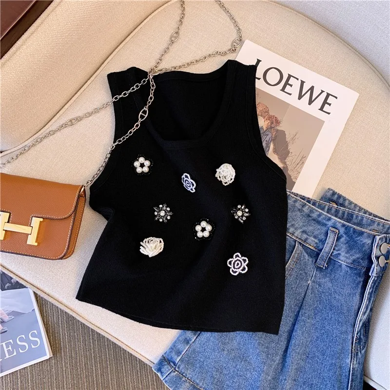 Floral Beading Slim Knit Vests Women Crop Tops 2024 Summer Sleeveless O-neck Knitwear Pullover Elegant Vintage Stylish Vests