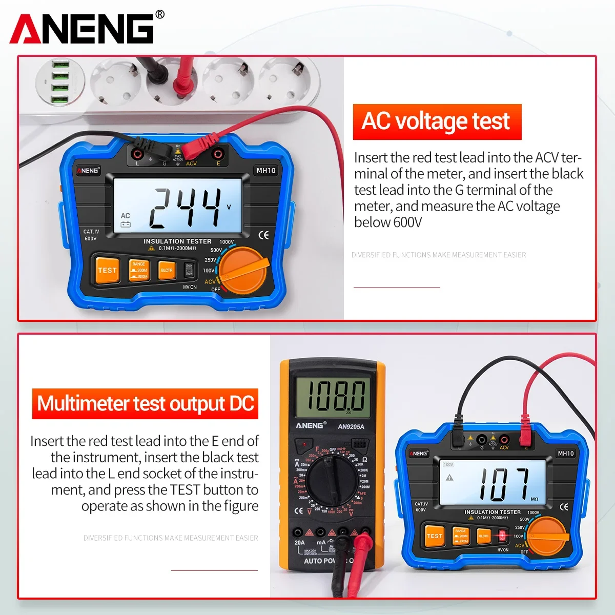 ANENG 디지털 절연 저항 게이지 Ohmer 테스터 자동 범위 백라이트 미터 1000V Megometer Megohmmeter Ohm Test HD MH10
