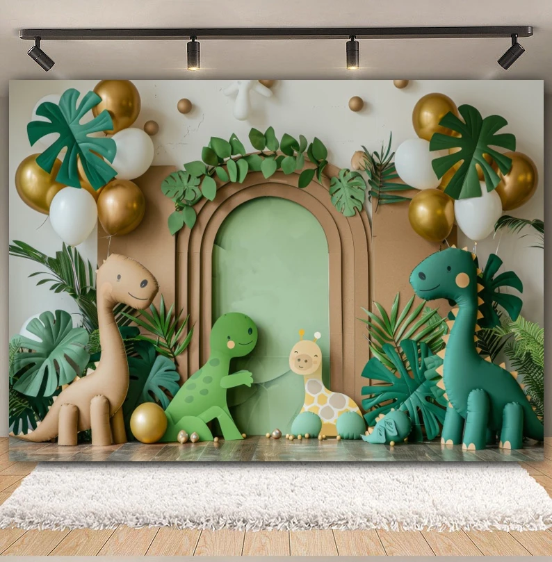 Latar Belakang Fotografi Tema Dinosaurus Hutan Tropis Balon Satwa Liar Pesta Ulang Tahun Bayi Latar Belakang Foto Potret Smash Kue