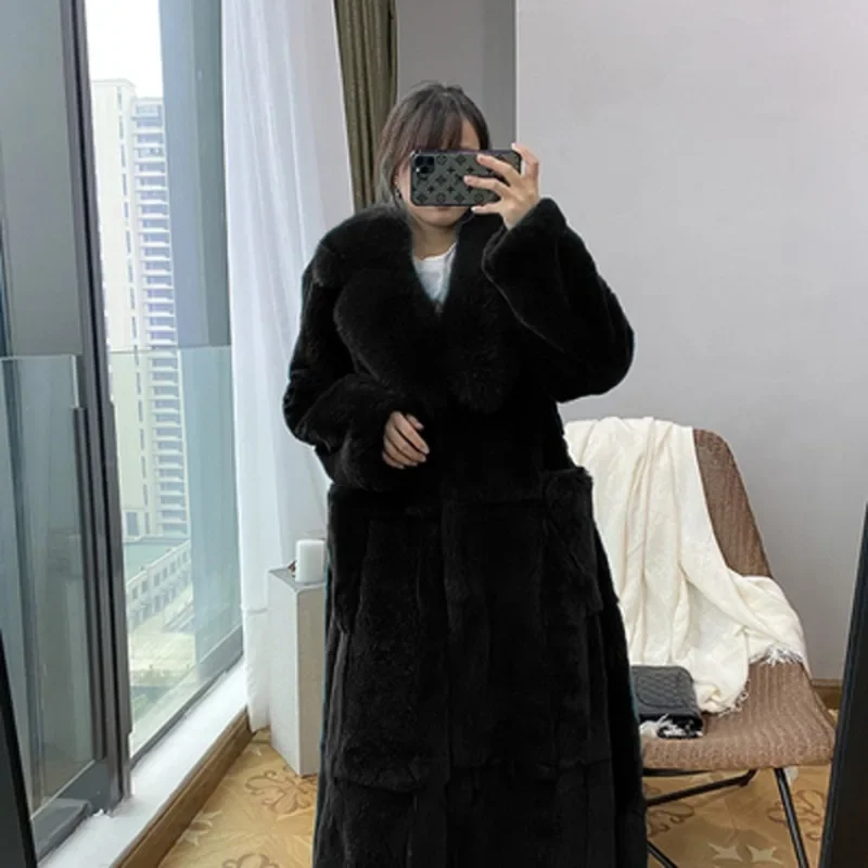 2025 New Faux Fur Coat Women's Mid-Length Coat Fashion Loose with Belt Jacket Winter Solid Warm Pockets Outwear Women Clothing
