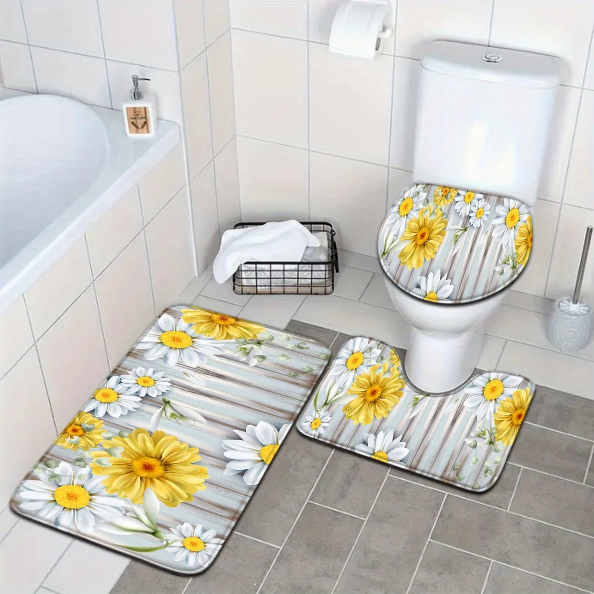 

Sunflower bathroom set growing under the fence - non slip contour pad, toilet seat, and bathtub pad for home decoration