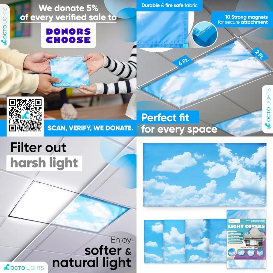 Fluorescent Light Covers for Ceiling Lights - Magnetic Cloud Cover for Fluorescent Or LED Fixture - Must Haves for Teacher Supp