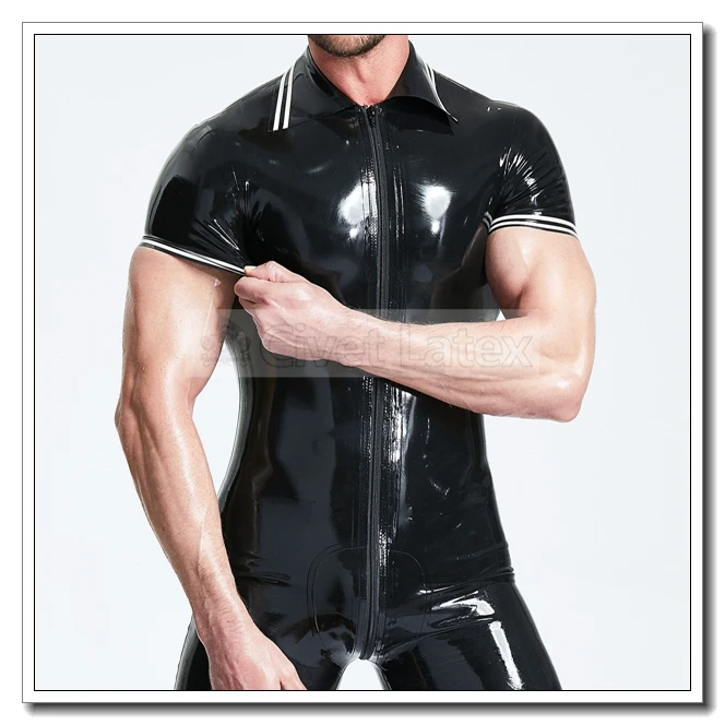 Civet Latex Leotard for Men Short Sleeves Polo Style Front 3 Way Zip Customied 0.4mm K7