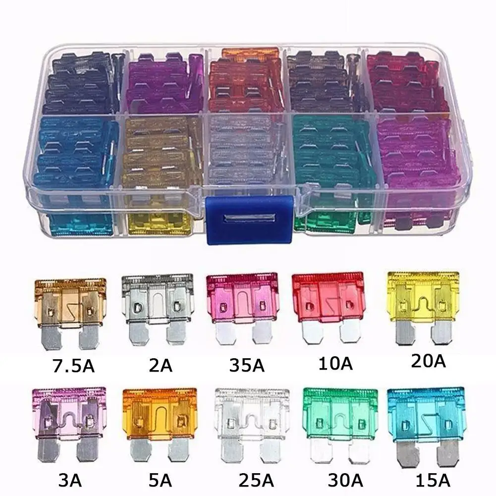 50/100Pcs Car Fuses Small Mini Auto Blade Fuses 2A 3A 5A 7.5A 10A 15A 20A 25A 30A 35A AMP Assortment Tools Parts In Storage Box