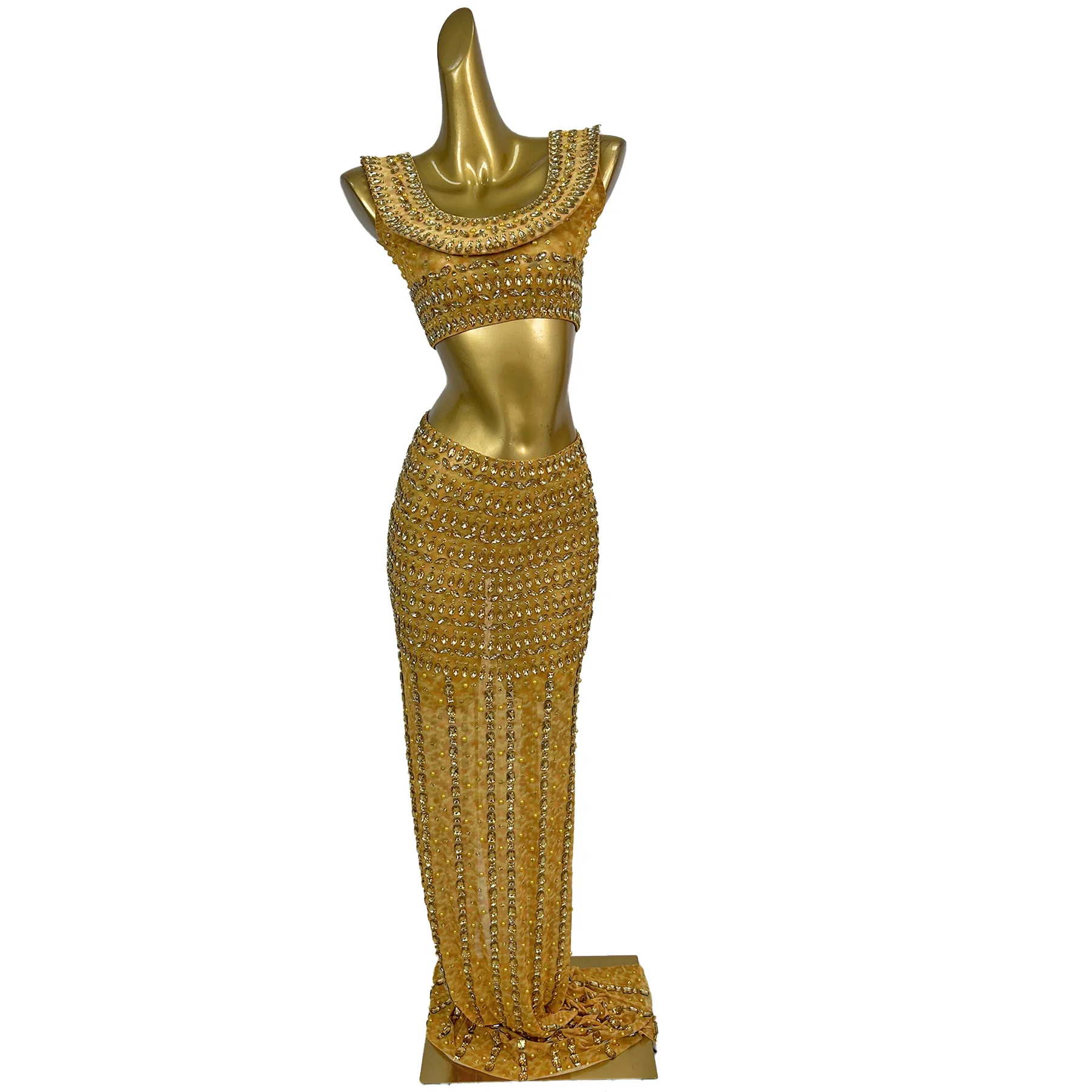 

Huangjinxian Luxury High-end Women Dress Gold Rhinestone See Through Mesh Short Top Hip Hugging Skirt Set Bar Stage Performance