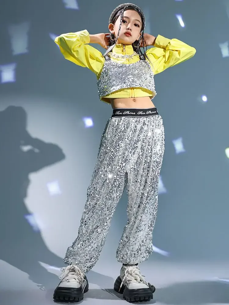 Girl Jazz Dance Costume Clothes Kid Hip Hop Clothing Yellow Puff Sleeve Crop Top T Shirt Tank Silver Sequined Casual Pants