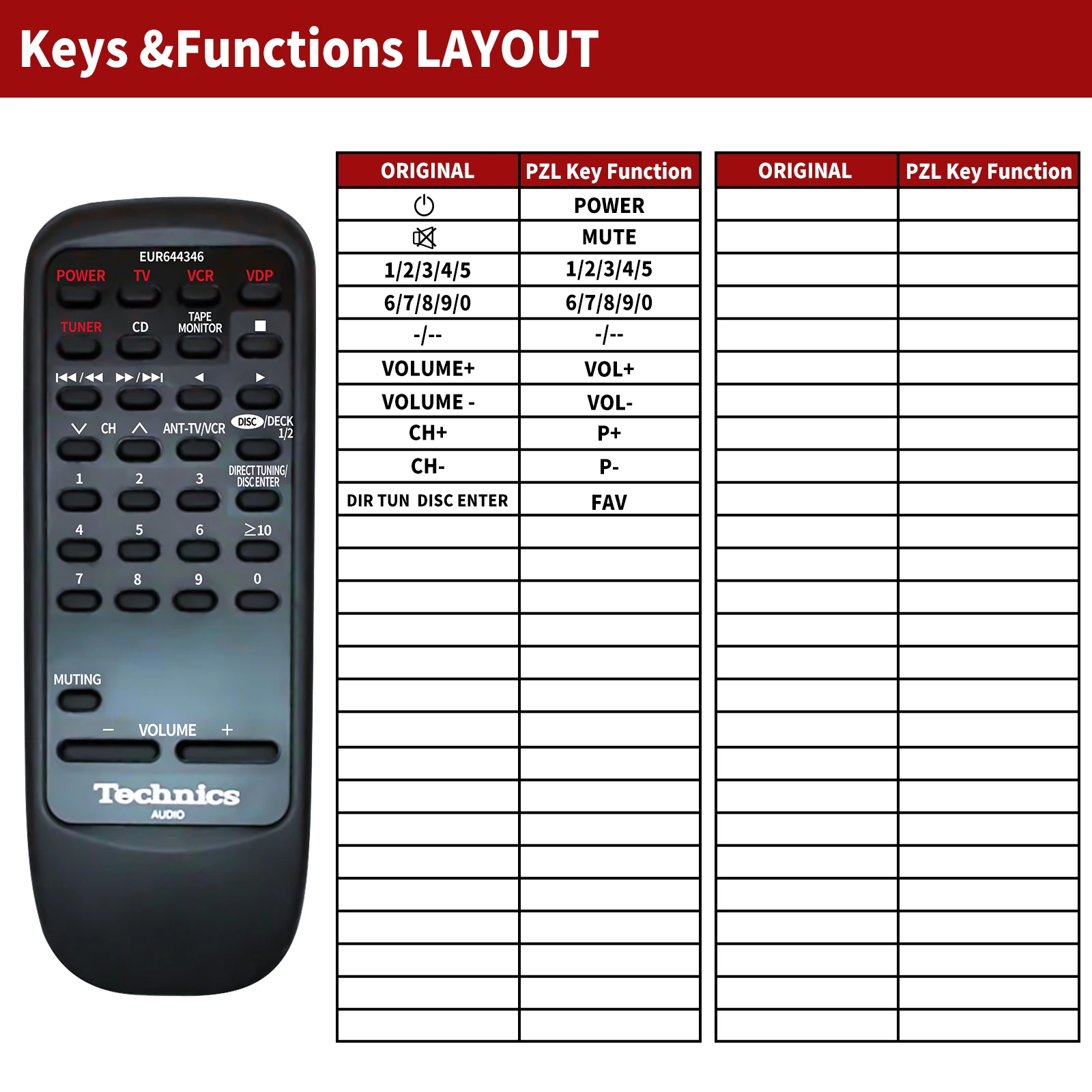 Remote control EUR644346 for Technics SA-EX140 SA-EX100