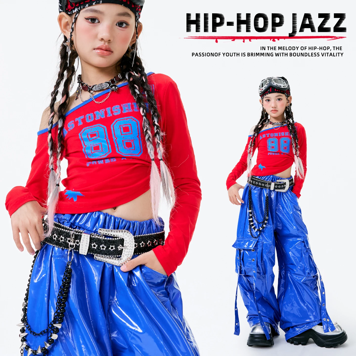 2025 الأطفال أزياء رقص الجاز أداء للفتيات الأحمر المحاصيل القمم السراويل الزرقاء Kpop ملابس الهيب هوب ملابس الرقص DQS20910
