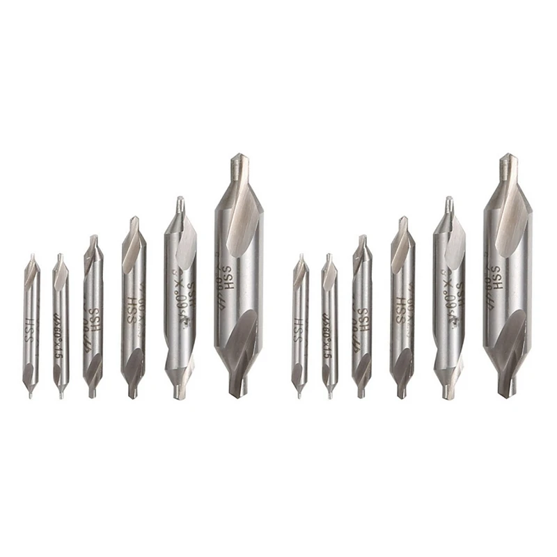 12 buah Set mata bor tengah kombinasi HSS, Countersink 60 sudut 5/3/2, 5/2/1, 5/1 Mm