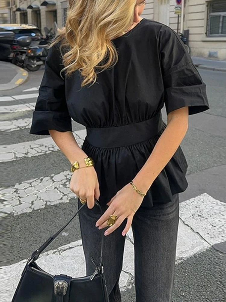 

New Women's Backless Waist-Cinching Shirt Black European Style Loose Fit Polyester Short Sleeve Top Fashionable Spring Collec...