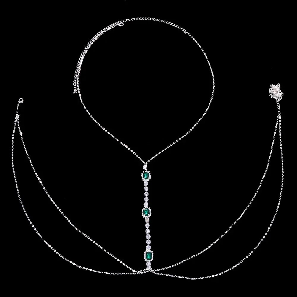 Fashion Square Bridal Back Chain Necklace Backless Dress Jewelry Sexy Top Women Green Rhinestone Body Chain Party Accessories