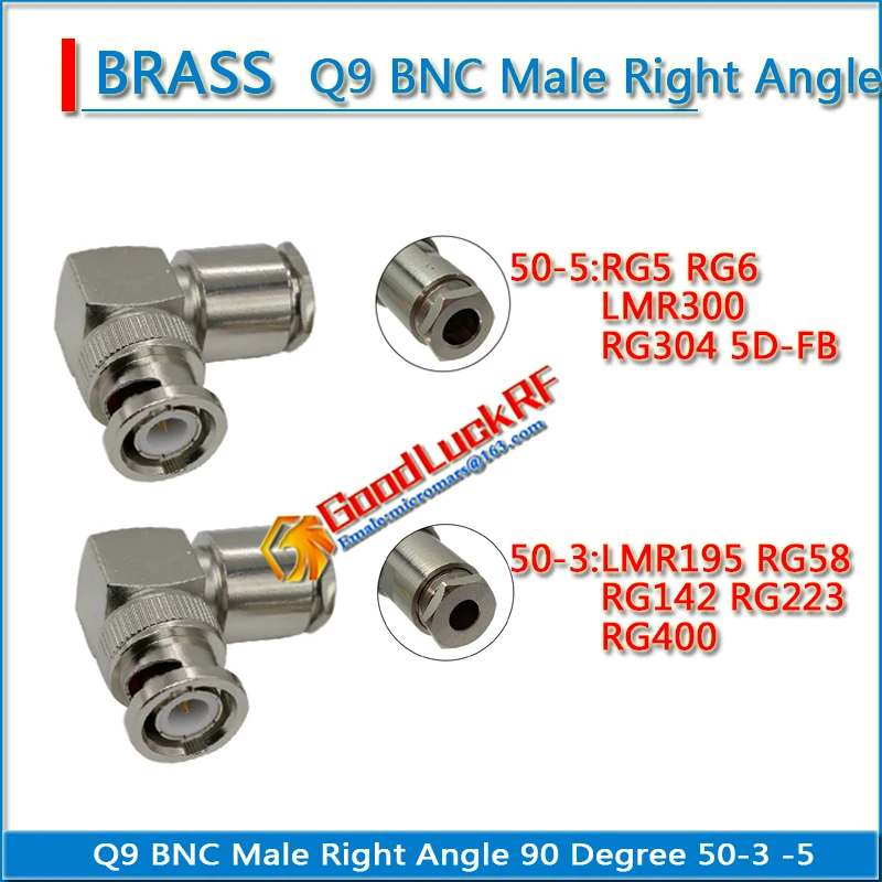 Q9 BNC Male Right Angle 90 Degree Solder LMR195 RG58 RG142 RG223 RG400 RG5 RG6 LMR300 RG304 5D-FB RF Coaxial Connector Brass